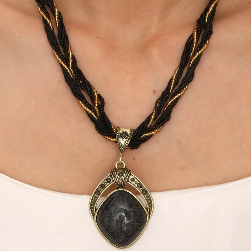 Ethnic Necklace with Large Oval Black Pendant
