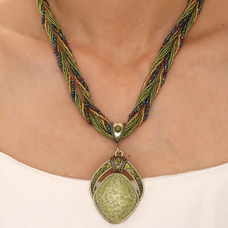 Ethnic Necklace with Large Oval Green Pendant