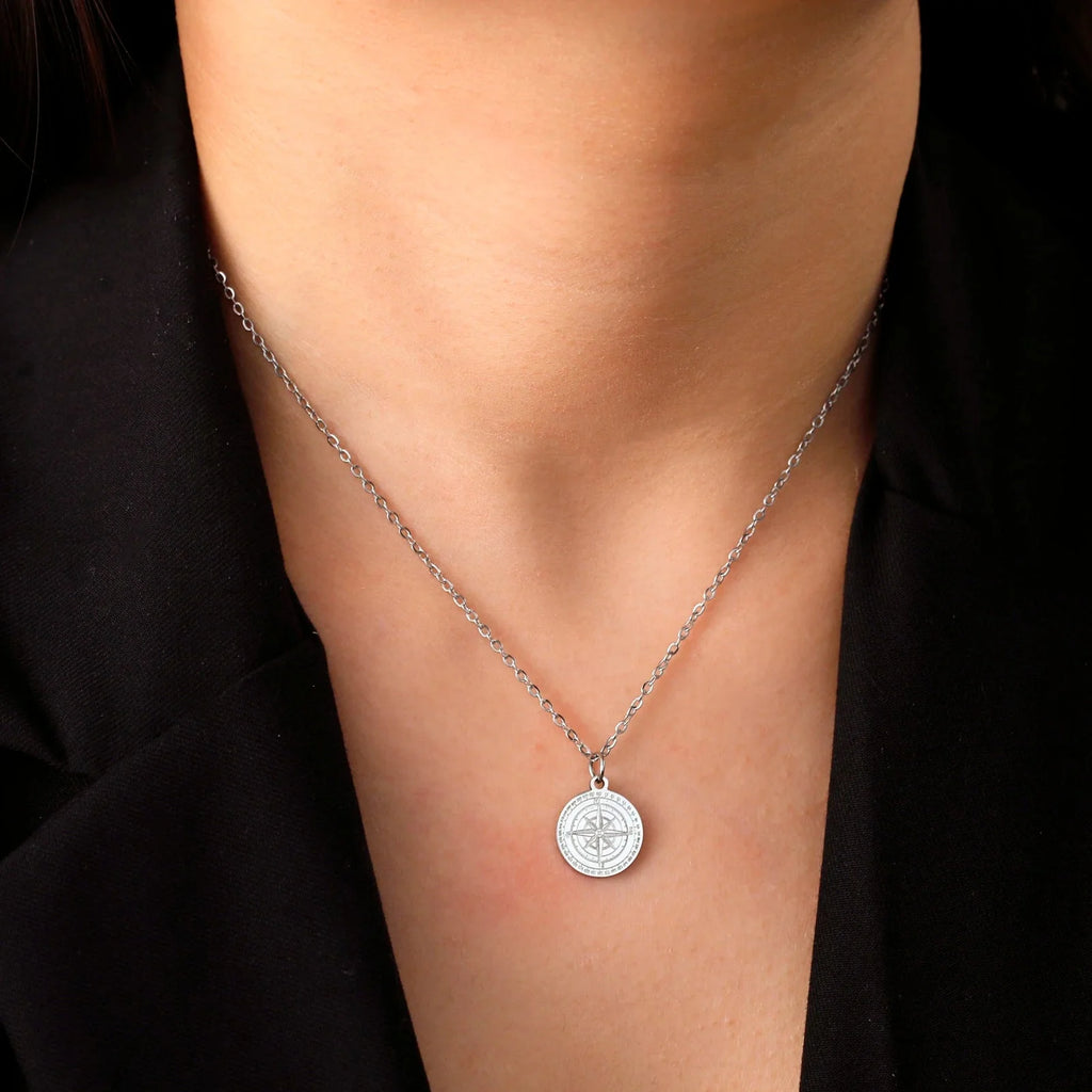 Women's Necklace Compass Pendant Compass Rose Cardinal Silver