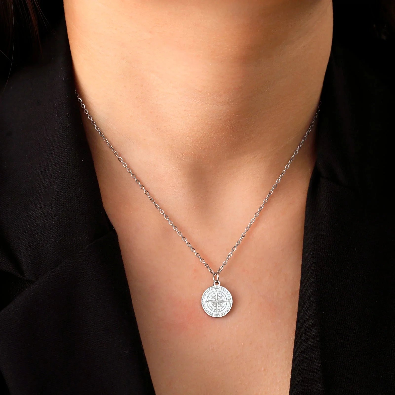 Women's Necklace Compass Pendant Compass Rose Cardinal Silver