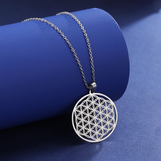 Flower of Life Necklace Beaded Mandala Pendant for Men Women Dawapara Silver