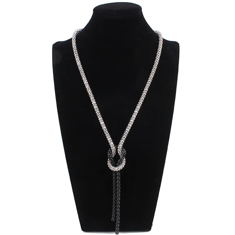 Long Necklace with Silver and Black Bow Pendant