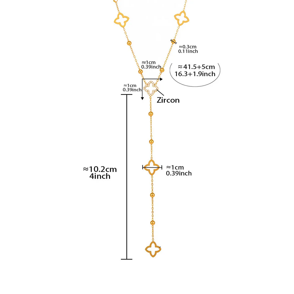 Long Necklace with 4-Leaf Clover and Zircon Pendants 