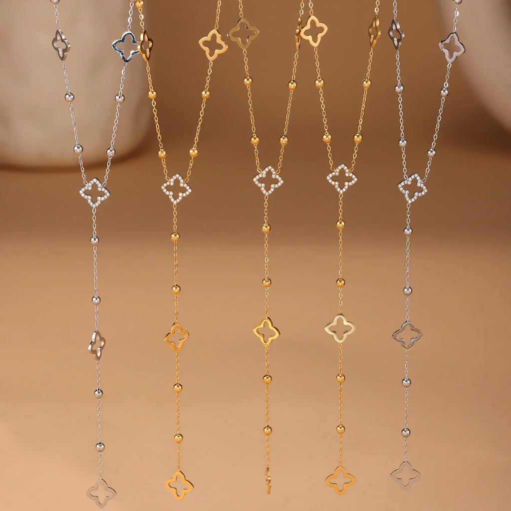 Long Necklace with 4-Leaf Clover and Zircon Pendants silver