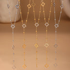 Long Necklace with 4-Leaf Clover and Zircon Pendants silver