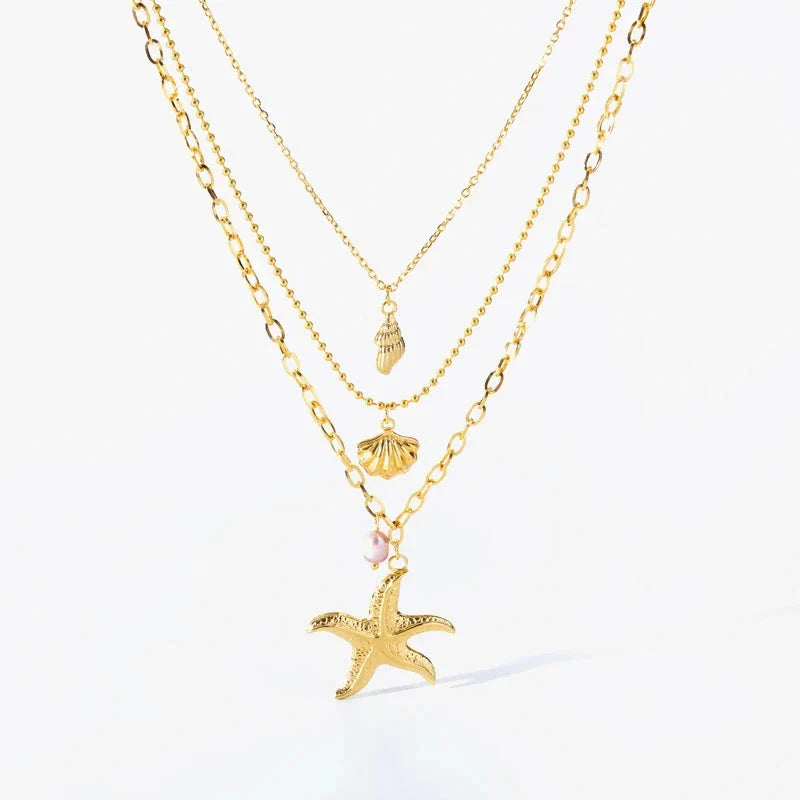 Multistrand Necklace with Shell Pendant, Starfish, Conch, Scallop Shell