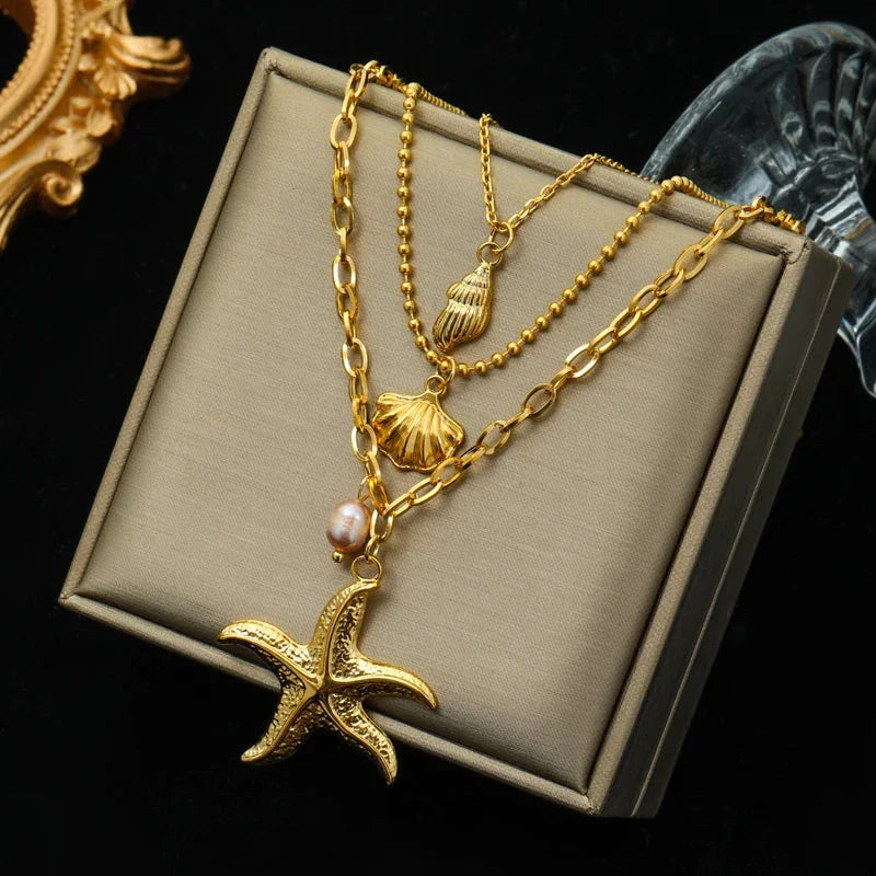Multistrand Necklace with Shell Pendant, Starfish, Conch, Scallop Shell