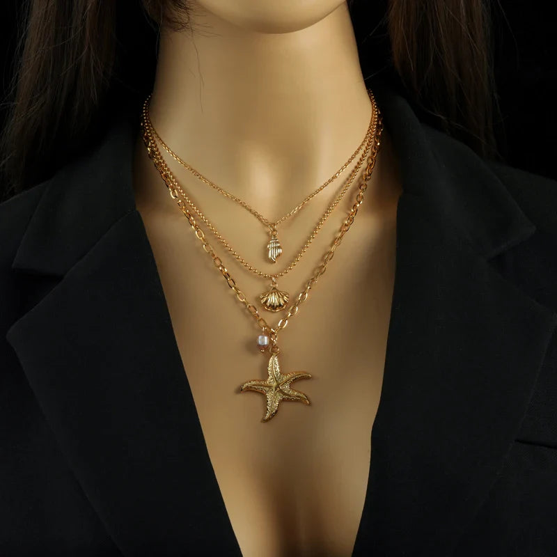 Multistrand Necklace with Shell Pendant, Starfish, Conch, Scallop Shell
