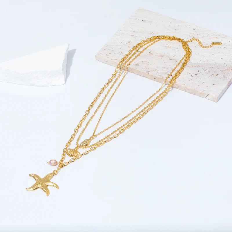 Multistrand Necklace with Shell Pendant, Starfish, Conch, Scallop Shell