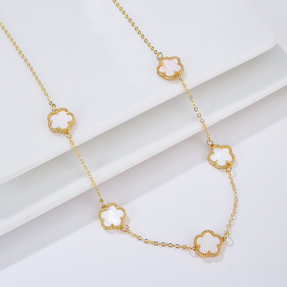 Gold Necklace with White Mother-of-Pearl Clover Agate - Gift Idea for Women Jewelry