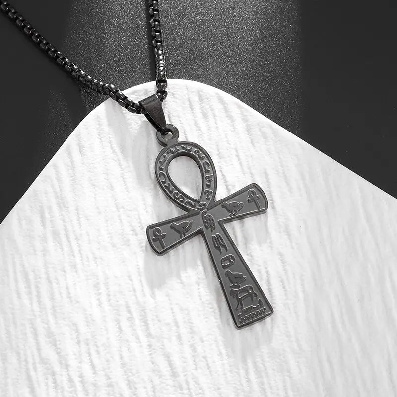 Egyptian Ankh Cross Amulet Pendant Necklace Black