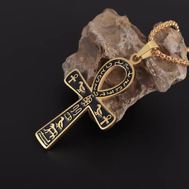 Egyptian Ankh Cross Amulet Pendant Necklace Gold Style 1