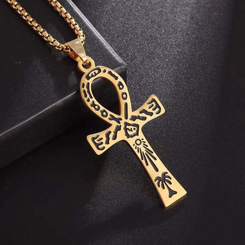 Egyptian Ankh Cross Amulet Pendant Necklace Gold Style 2