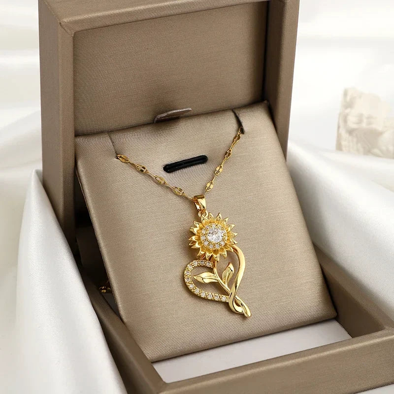 Heart Pendant Necklace with Rotating Sunflower Anti-Stress Feature