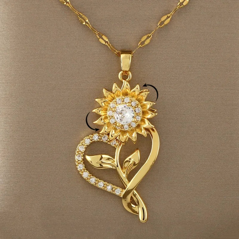 Heart Pendant Necklace with Rotating Sunflower Anti-Stress Feature