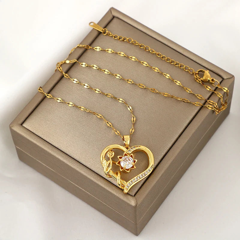 Pendant Necklace with Heart and Rotating Flower Anti-Stress