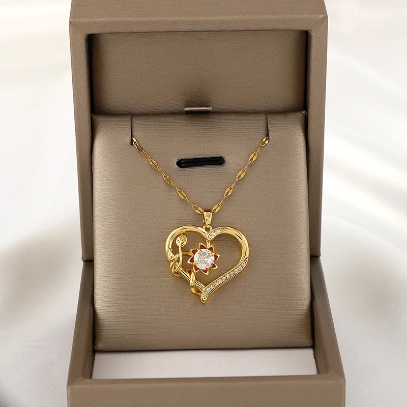 Pendant Necklace with Heart and Rotating Flower Anti-Stress