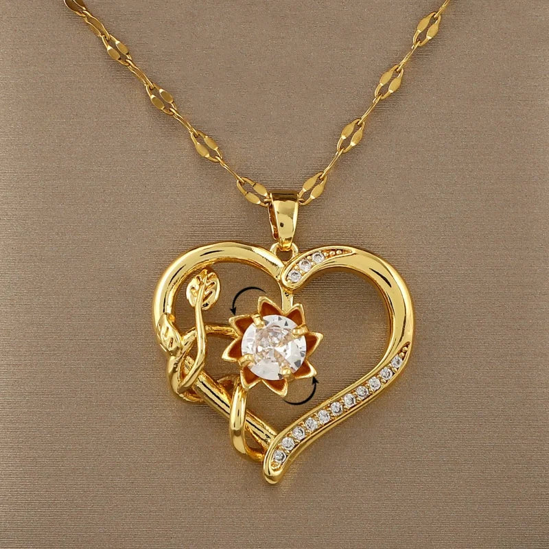 Pendant Necklace with Heart and Rotating Flower Anti-Stress