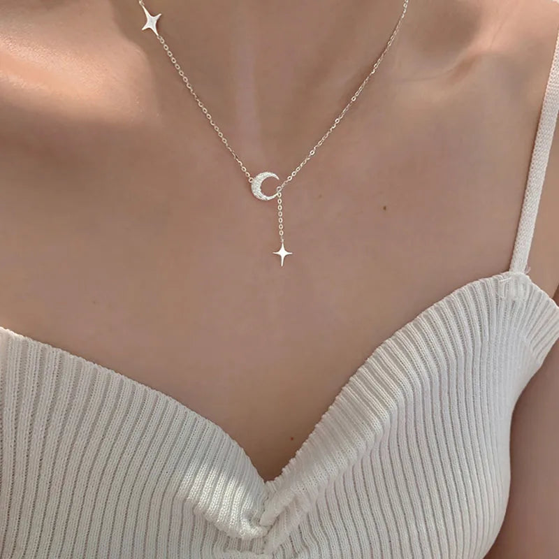 Pendant Necklace with Zircon Moon and Stars