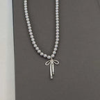 Pendant Necklace with Grey Pearls and Bow Tie 