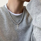 Pendant Necklace with Grey Pearls and Bow Tie 