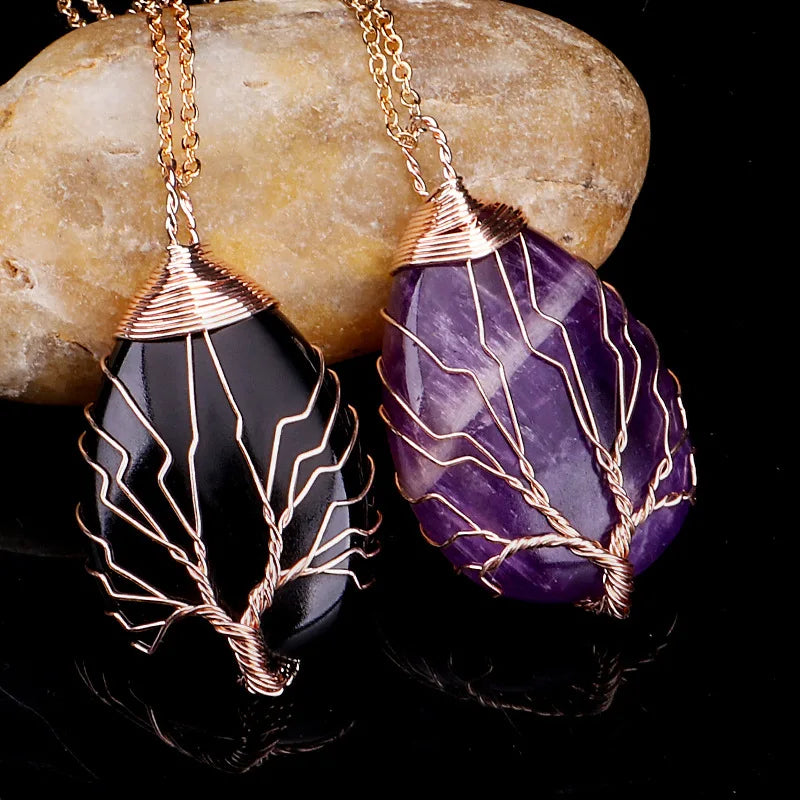 Tree of Life Natural Stone Ball Pendant Necklace