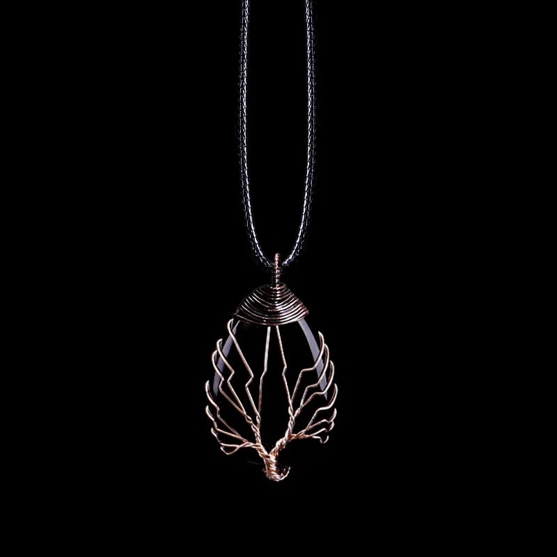 Tree of Life Natural Stone Ball Pendant Necklace black agate