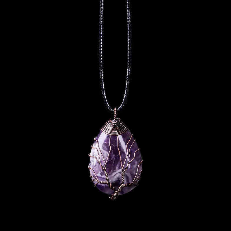 Tree of Life Natural Stone Ball Pendant Necklace amethyst