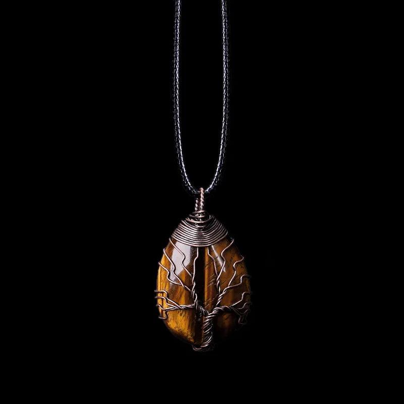 Tree of Life Natural Stone Ball Pendant Necklace tiger eye