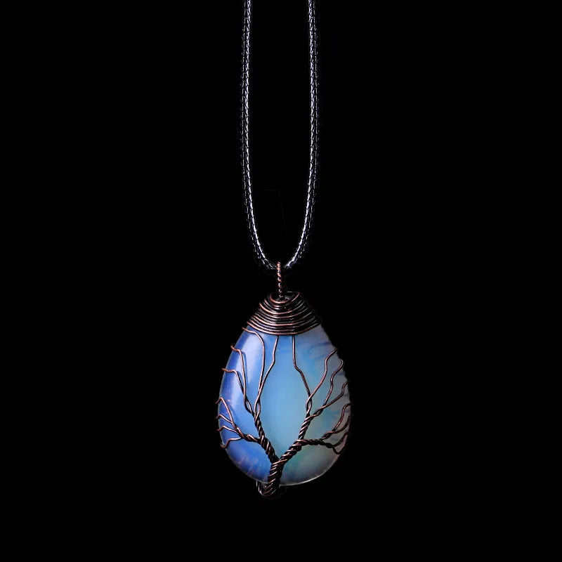 Tree of Life Natural Stone Ball Pendant Necklace opal