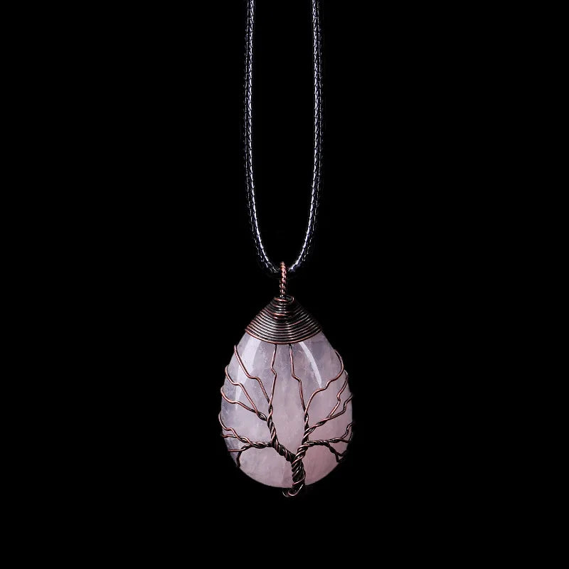 Tree of Life Natural Stone Ball Pendant Necklace rose quartz