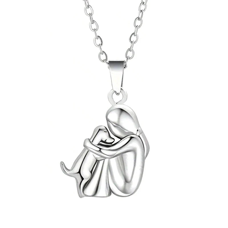 Dog and Owner Hug Pendant Necklace Silver