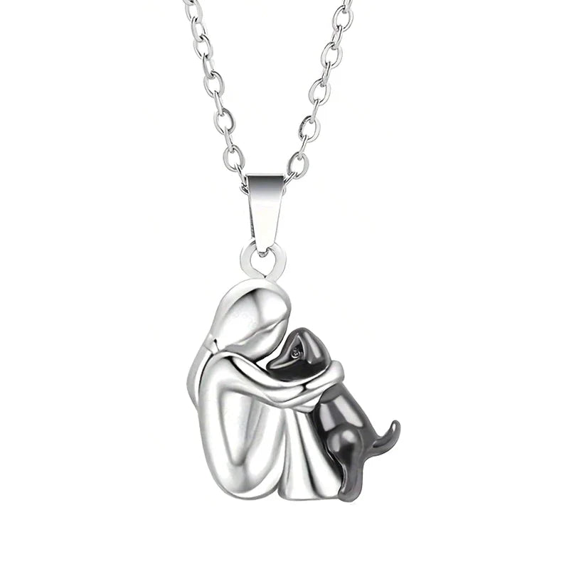 Dog and Owner Hug Pendant Necklace Silver and Black