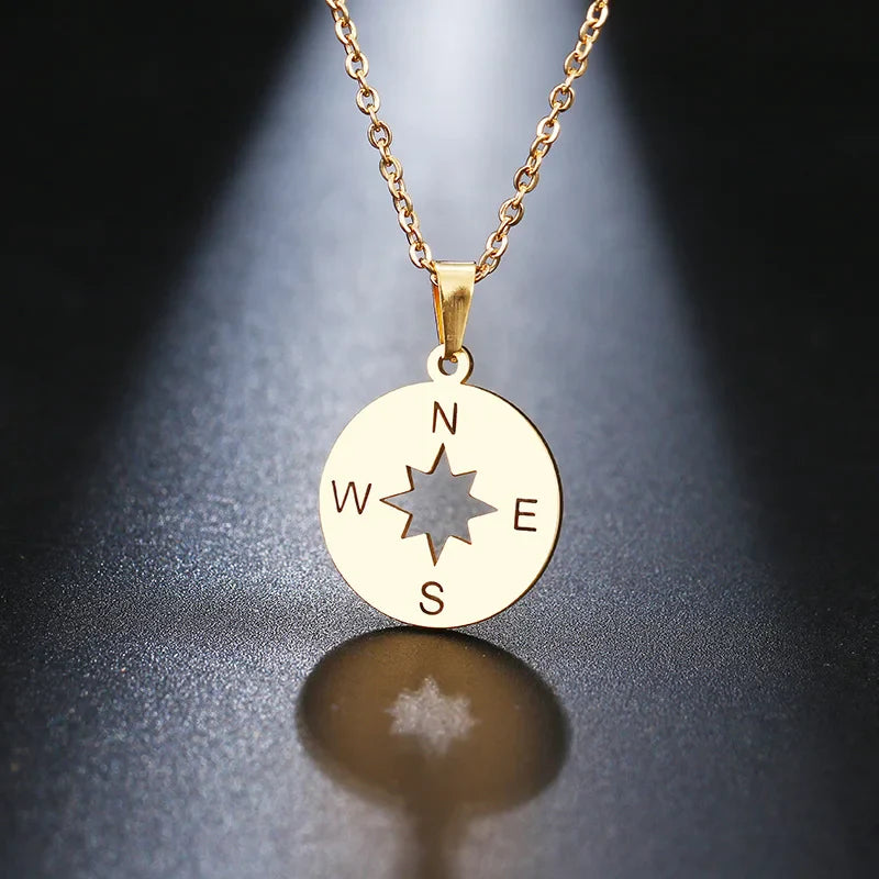 Gold Cardinal Compass Rose Pendant Necklace