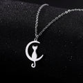 Cat Pendant Necklace Crescent Moon Silver