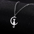 Cat Pendant Necklace Crescent Moon Silver