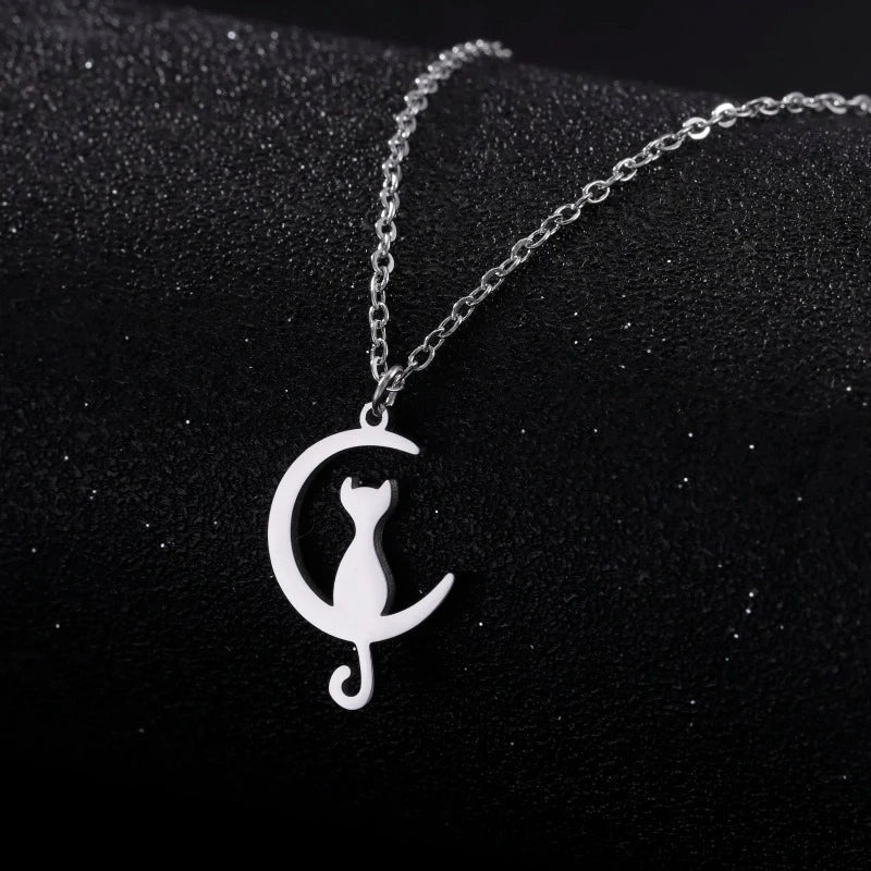 Cat Pendant Necklace Crescent Moon Silver