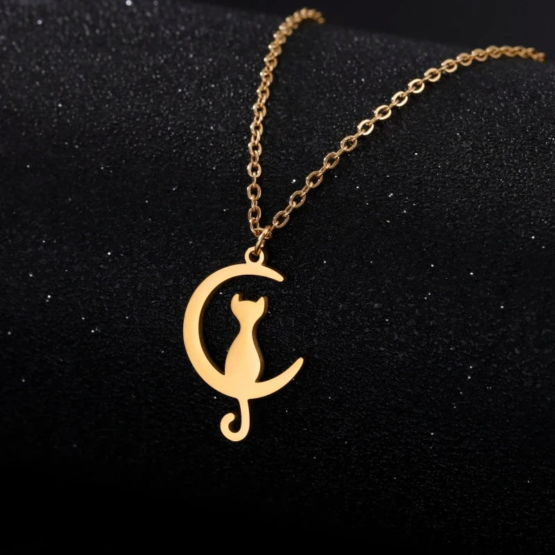 Cat Pendant Necklace Crescent Moon Gold