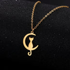 Cat Pendant Necklace Crescent Moon Gold