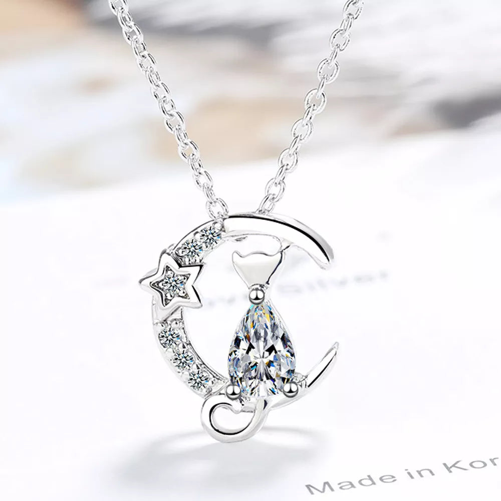 Cat Zircon Silver Pendant Necklace