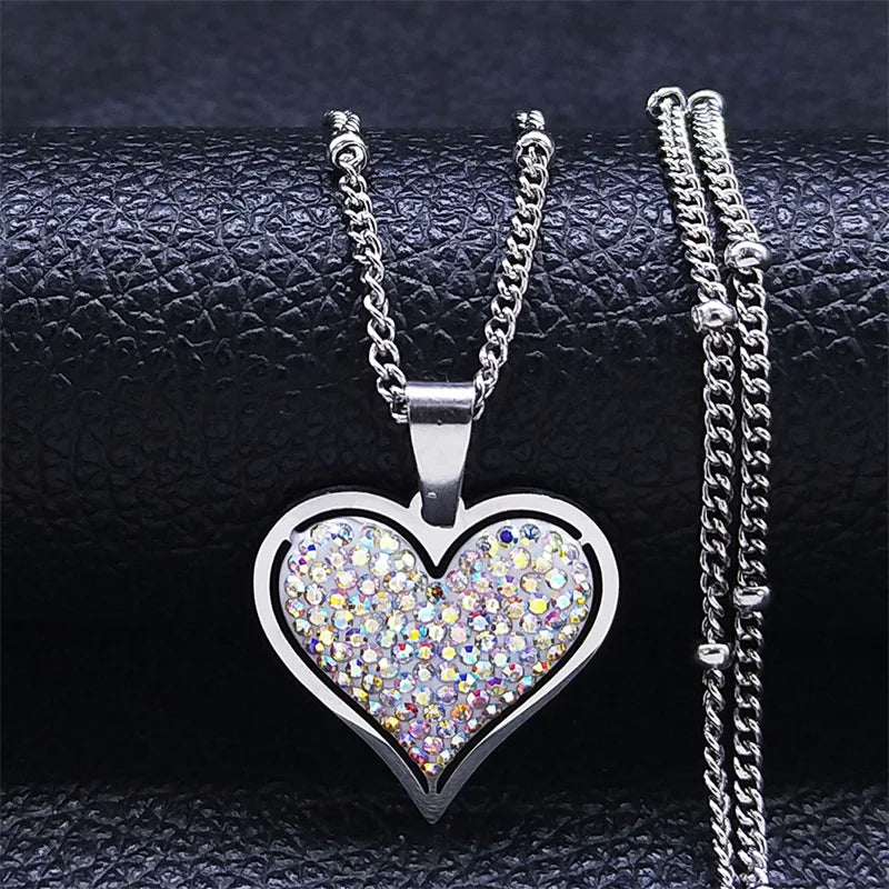 Heart Pendant Necklace & Silver and White Zircon Stones