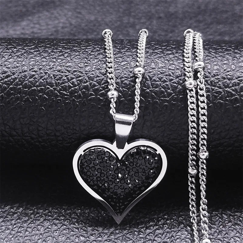 Heart Pendant Necklace & Silver and Black Zircon Stones