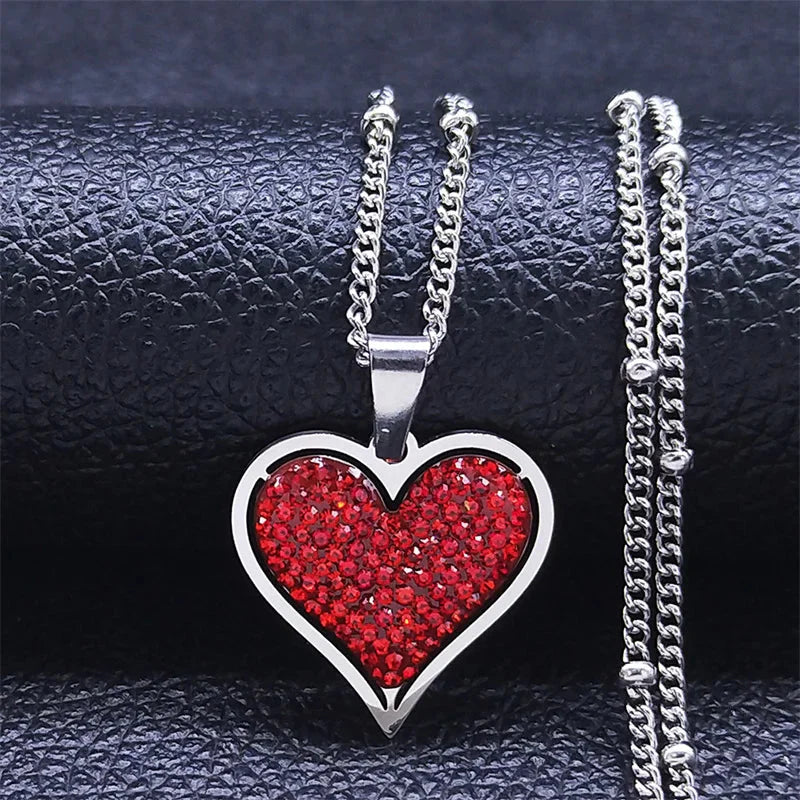 Heart Pendant Necklace & Silver and Red Zircon Stones