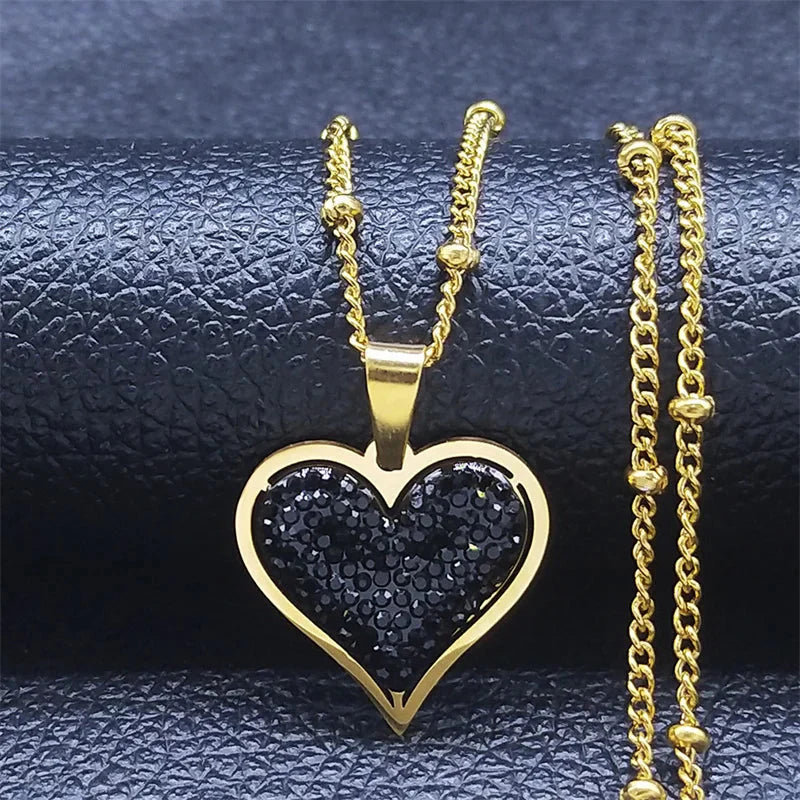 Heart Pendant Necklace & Gold and Black Zircon Stones