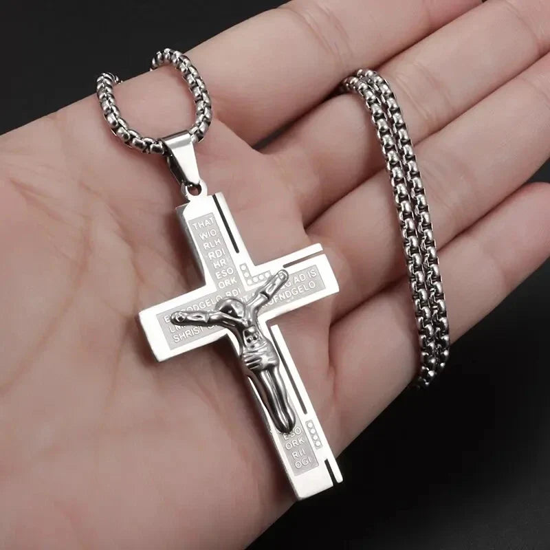 Men's Crucifix Necklace & Pendant Jesus Silver Cross