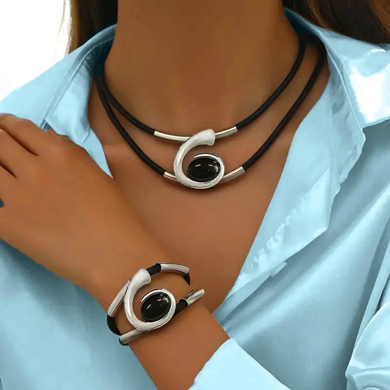 Geometric Silver Pendant Necklace and Bracelet