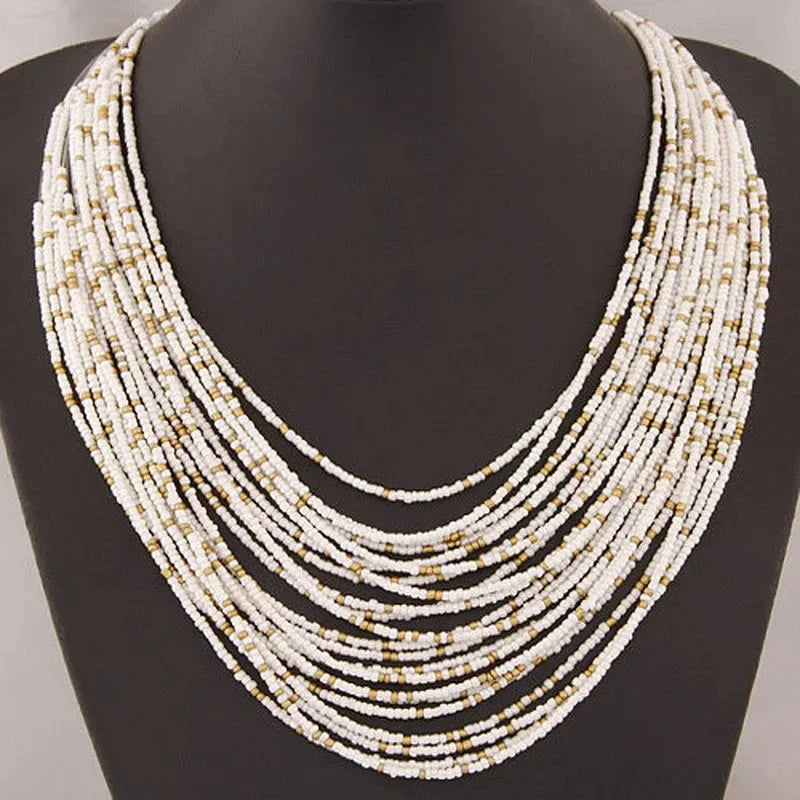 African Ethnic Multi-Strand Pendant Necklace white