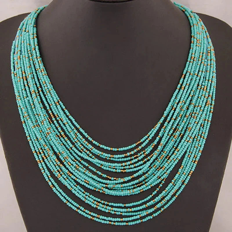 African Ethnic Multi-Strand Pendant Necklace blue 