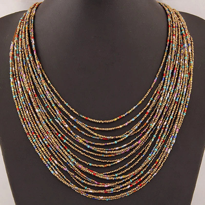 African Ethnic Multi-Strand Pendant Necklace multicolor