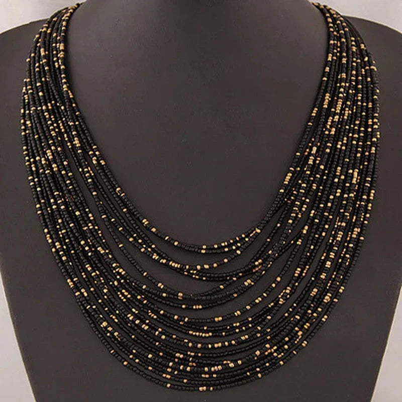 African Ethnic Multi-Strand Pendant Necklace black